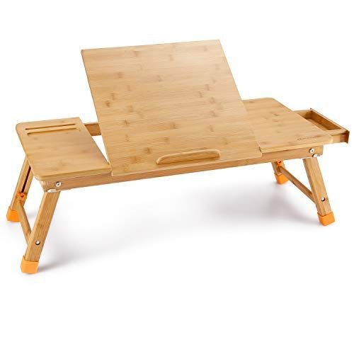 Large Bed Table Nnewvante 71x35cm Laptop Desk Tilting Desktop, Foldable Floor Desk Laptop Stand Breakfast Serving Tray w' 4 Leg Lock, Bamboo